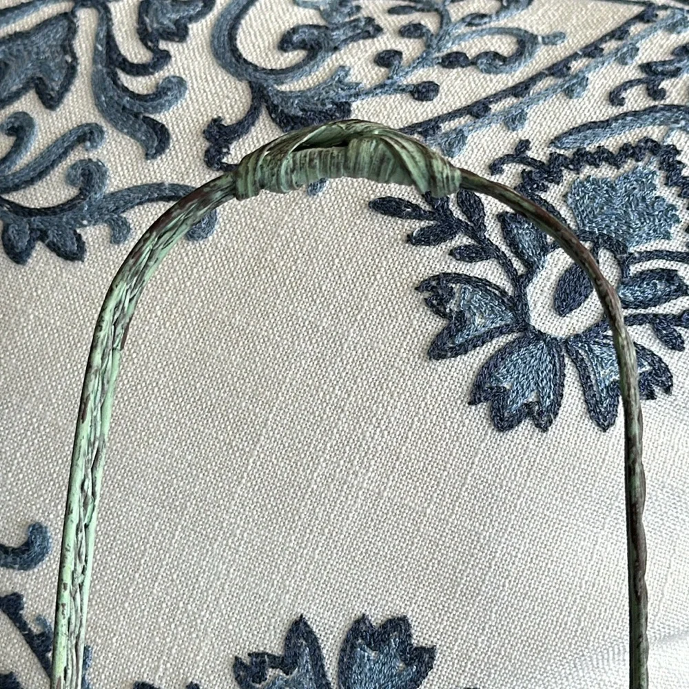 Lovely sage green wired basket w pink roses wrapped handle very Romantic piece